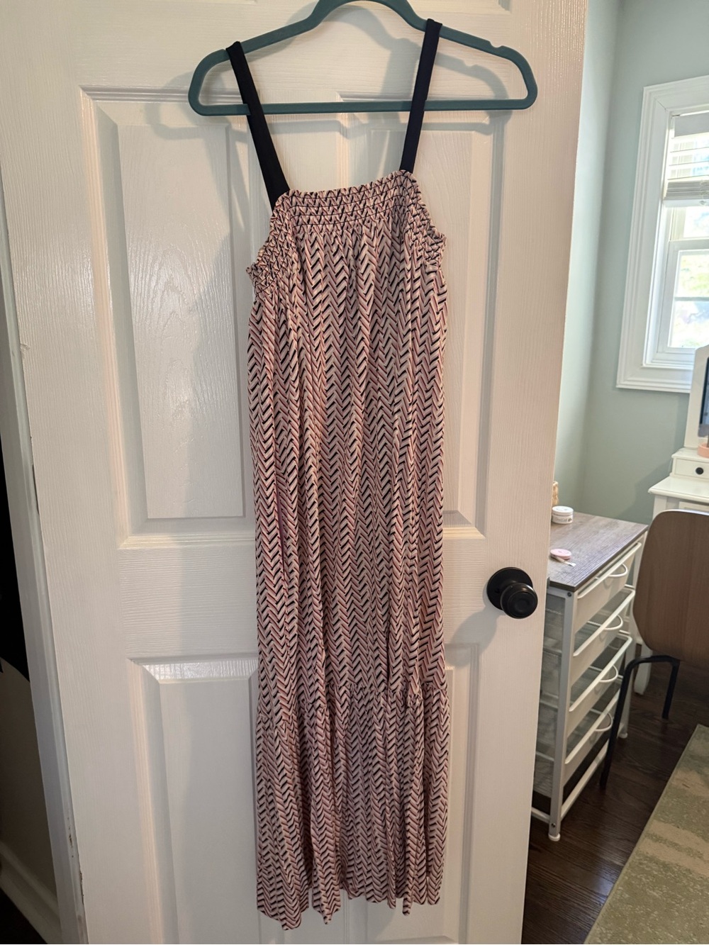 Smocked Strappy Pink Chevron Maxi Dress
